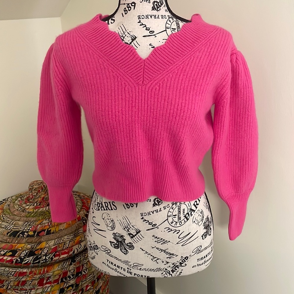 LoveShackFancy Cropped Neon/Hot Pink Soft Wool & Cashmere Sweater EUC SZ XS